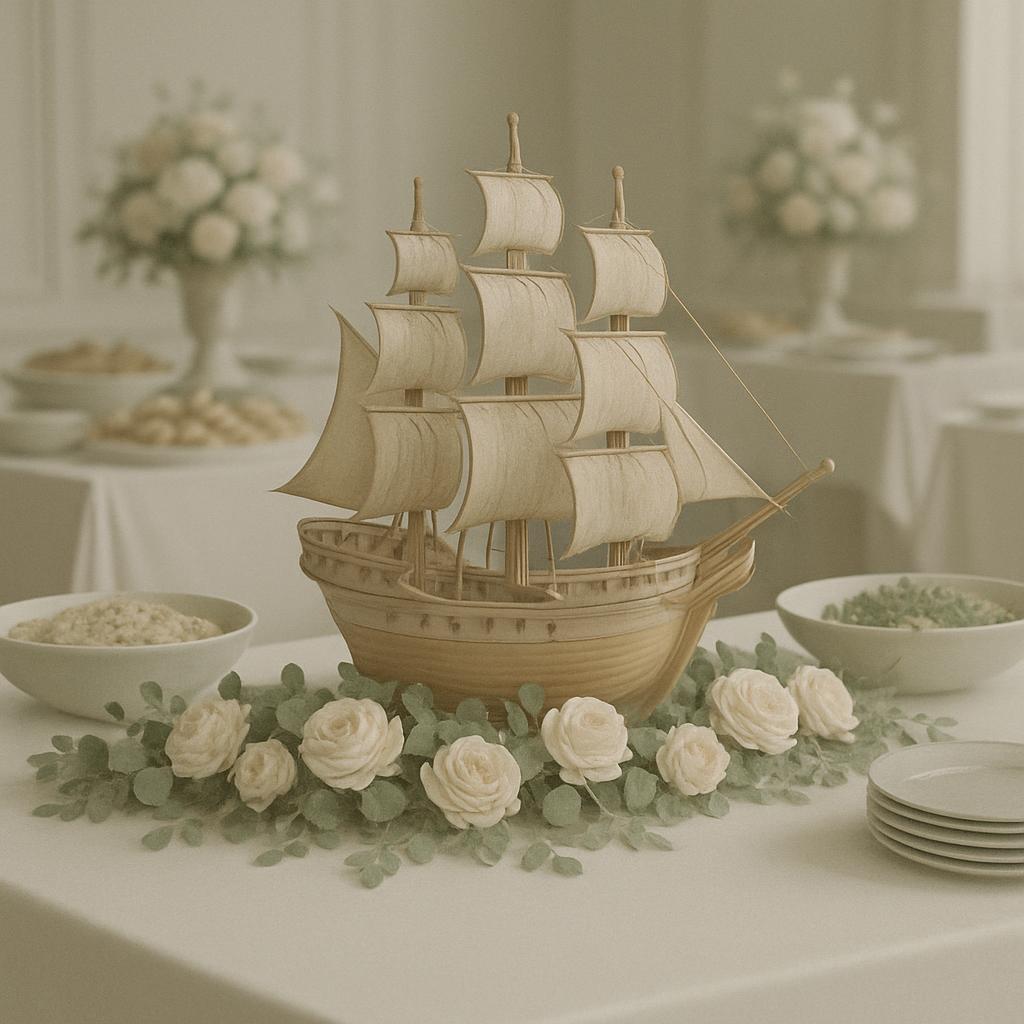 A vintage ship figurine sits atop a table decorated for a wedding, surrounded by dishes and flowers. The ship's presence a...