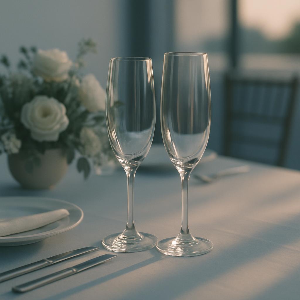 Two empty, stemmed champagne flutes, a table setting with linens, plates, a flower arrangement, a knife on a plate
